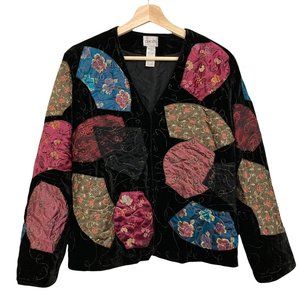 Vintage 90s CHICO'S Black Silk Blend Velvet Patchwork Jacket Silk Lined - Size S